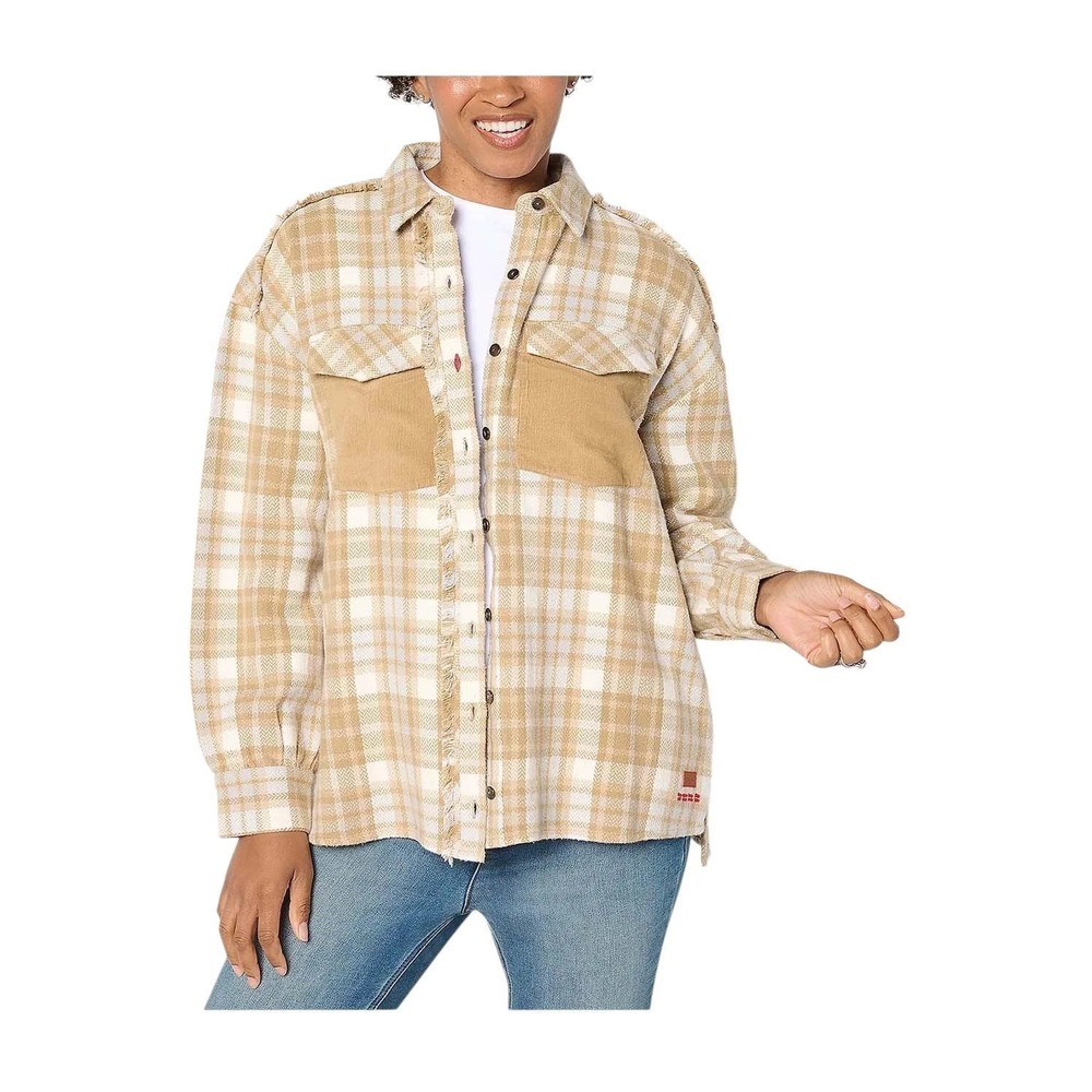 Peace Love World Women's Button Front Plaid Long Sleeve Shirt Cafe Latte,Size 1X